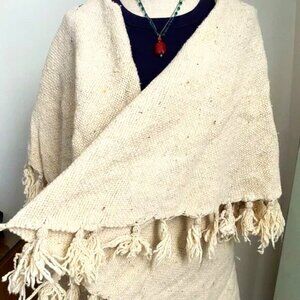 Heavy White/Tan Shawl/Wrap-Around With Tassels